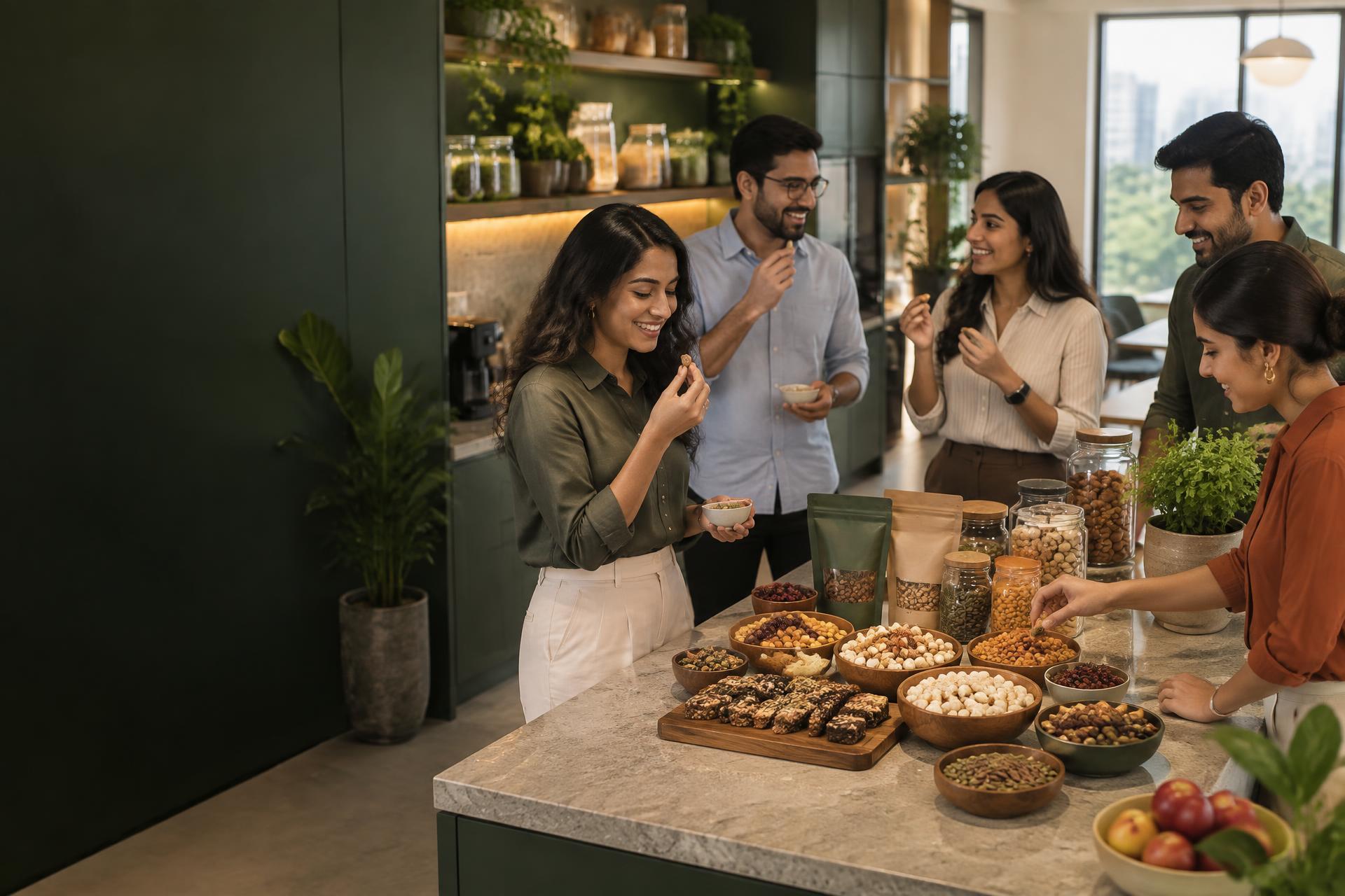 People discovering better-for-you food in a modern workplace pantry